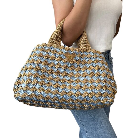 PRADA Vintage Logo Raffia Tote Bag Stripe Blue Beige Polyethylene Snap [105516] - Picture 4 of 14